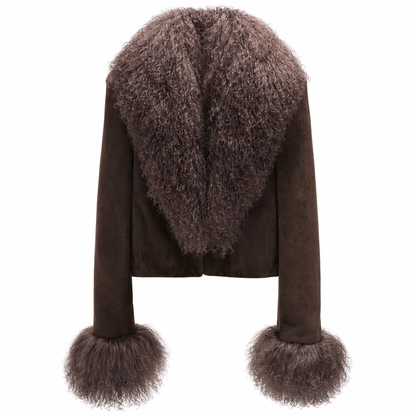 Kort ruskindsjakke i ægte fåreskind med aftagelig pelskrave