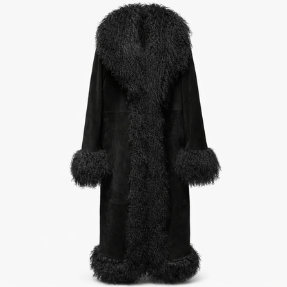 Lang damejakke i ægte læder med krøllet pels