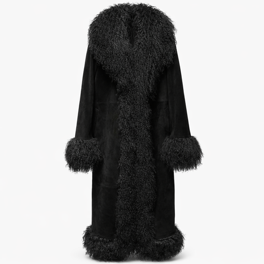 Lang damejakke i ægte læder med krøllet pels