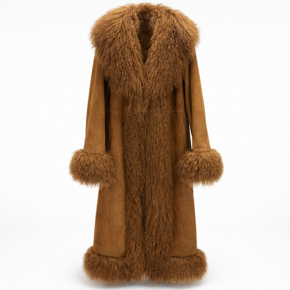 Lang damejakke i ægte læder med krøllet pels