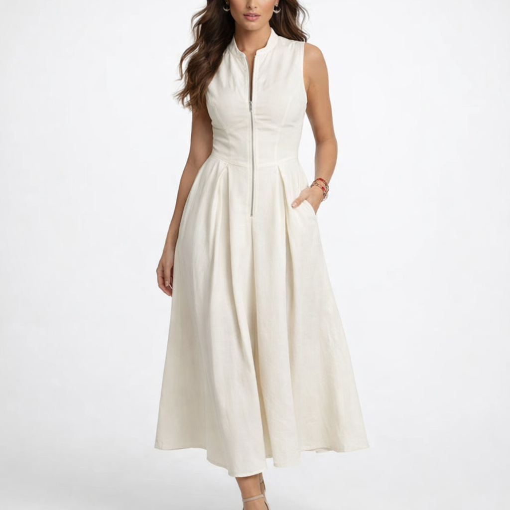 Elegant ærmeløs midi-kjole med lynlås og plisseret skørt