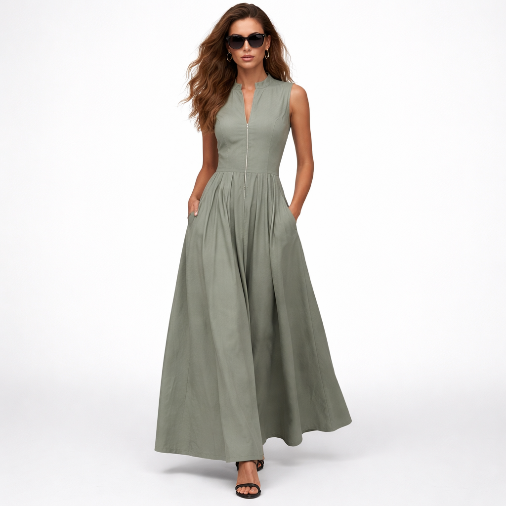 Elegant ærmeløs midi-kjole med lynlås og plisseret skørt