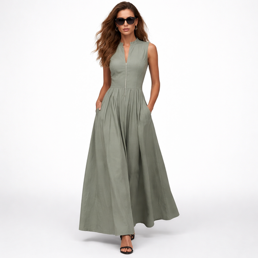 Elegant ærmeløs midi-kjole med lynlås og plisseret skørt