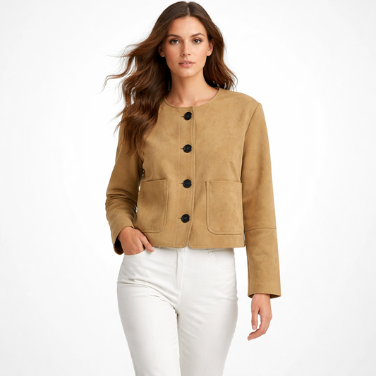 Elegant ruskindsjakke med knaplukning til kvinder