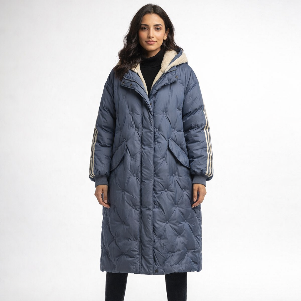 Lang dame dunjakke med hætte | Varm vinterfrakke i let kvalitet | Løs pasform