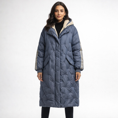 Lang dame dunjakke med hætte | Varm vinterfrakke i let kvalitet | Løs pasform