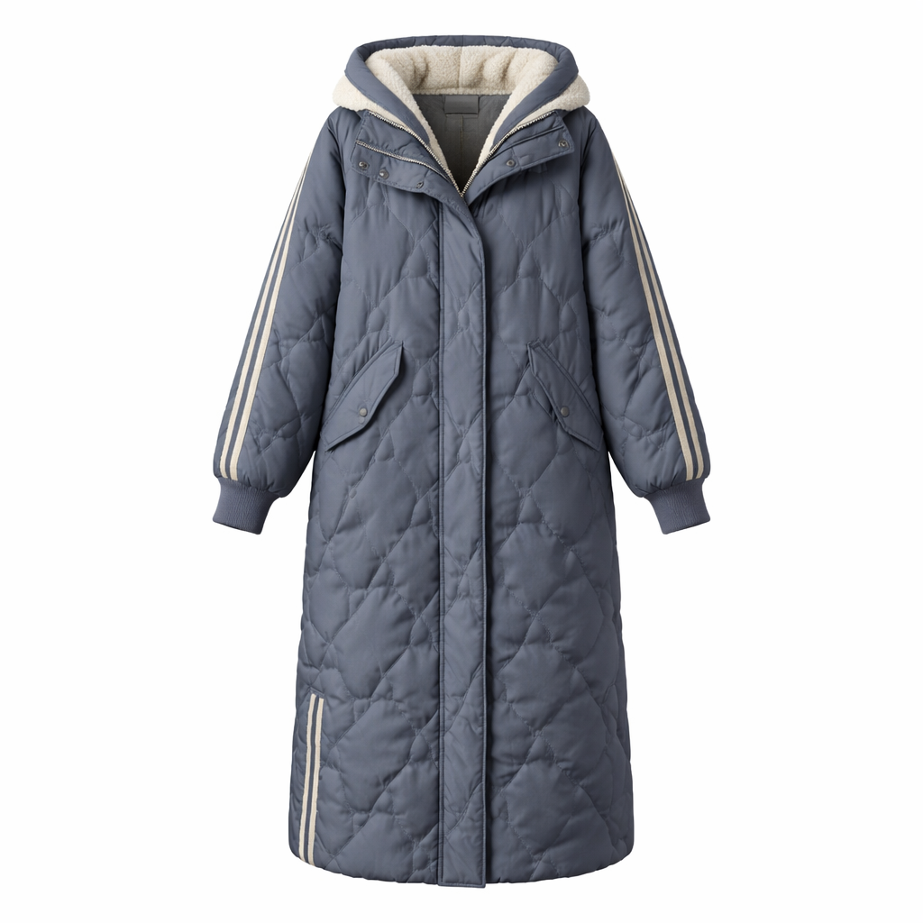 Lang dame dunjakke med hætte | Varm vinterfrakke i let kvalitet | Løs pasform