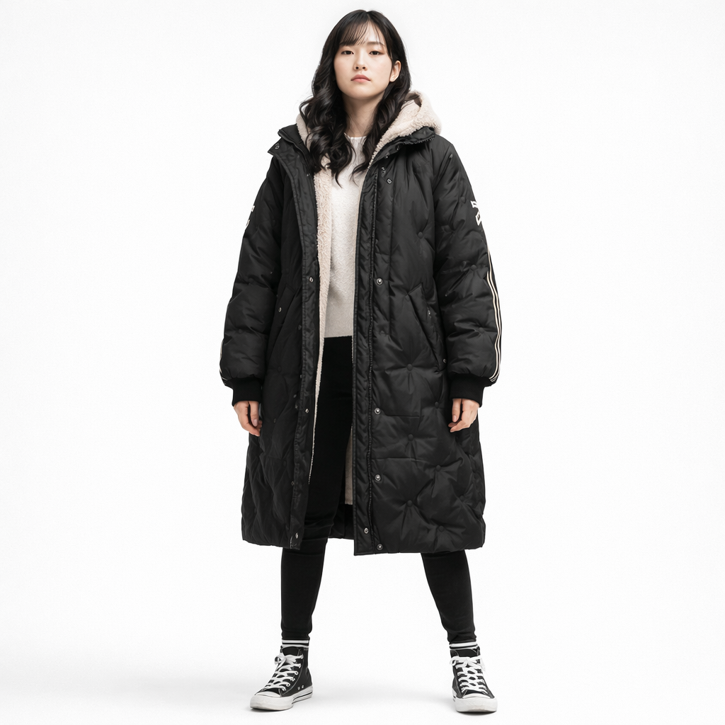 Lang dame dunjakke med hætte | Varm vinterfrakke i let kvalitet | Løs pasform