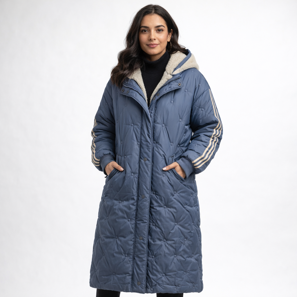 Lang dame dunjakke med hætte | Varm vinterfrakke i let kvalitet | Løs pasform