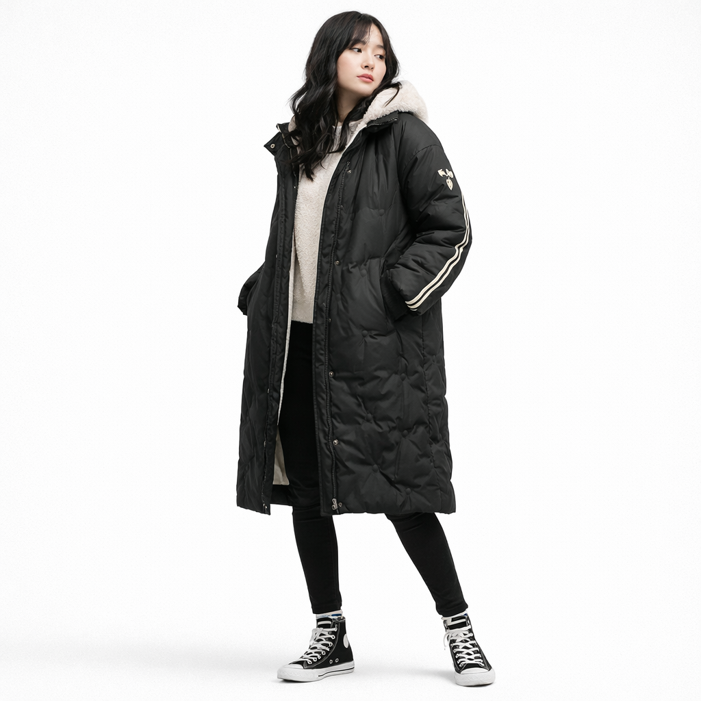 Lang dame dunjakke med hætte | Varm vinterfrakke i let kvalitet | Løs pasform