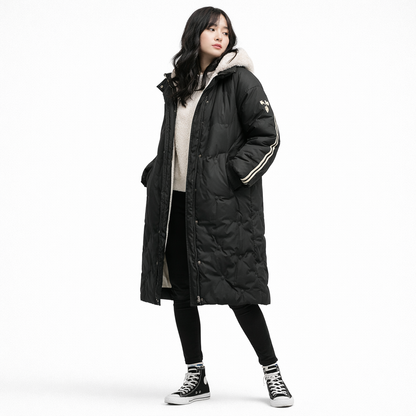 Lang dame dunjakke med hætte | Varm vinterfrakke i let kvalitet | Løs pasform