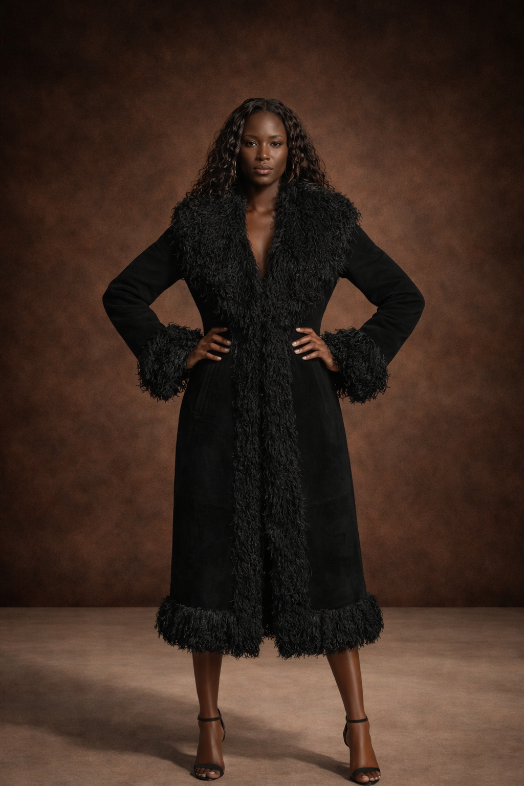 Lang damejakke i ægte læder med krøllet pels