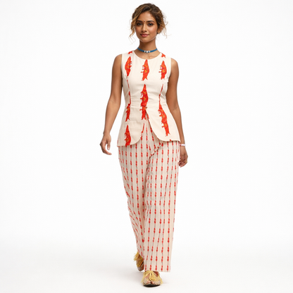 Mønstret todelt sæt til kvinder med ærmeløs top og lige bukser