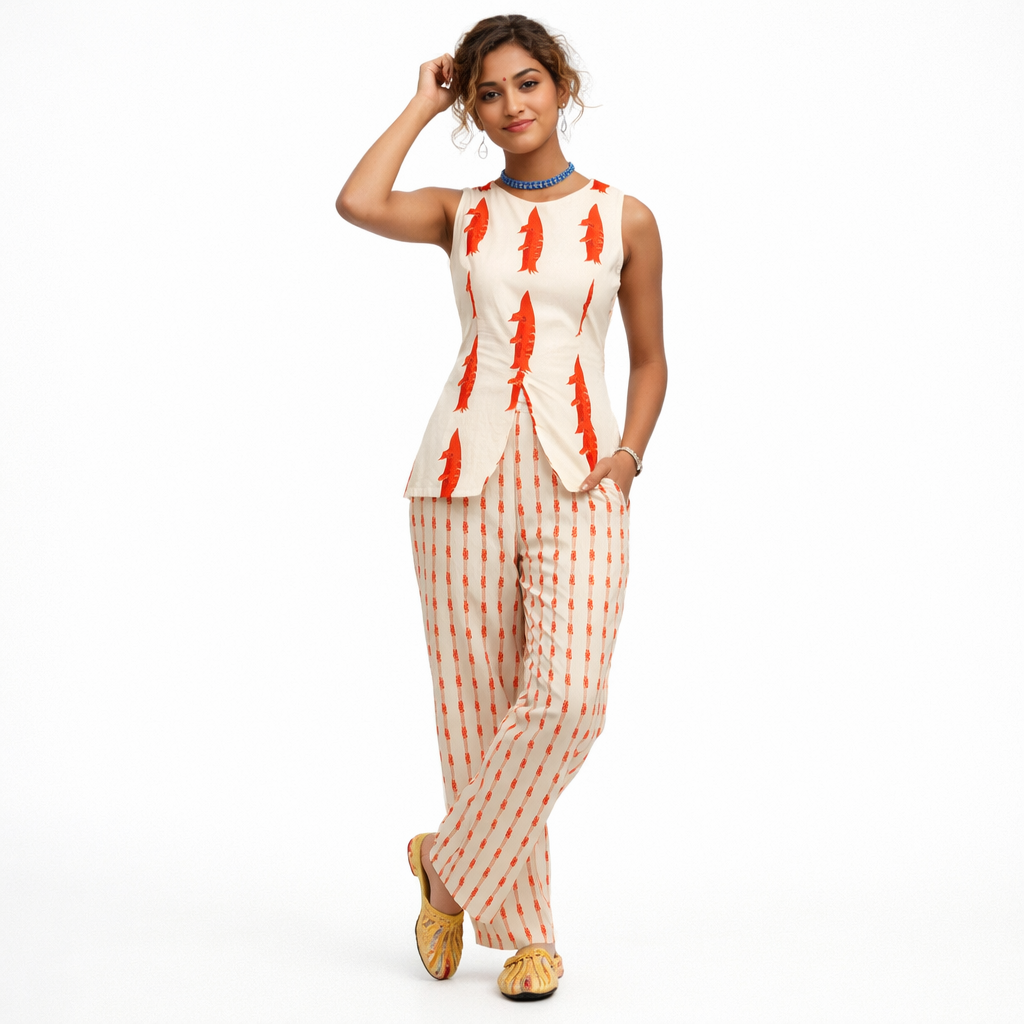 Mønstret todelt sæt til kvinder med ærmeløs top og lige bukser