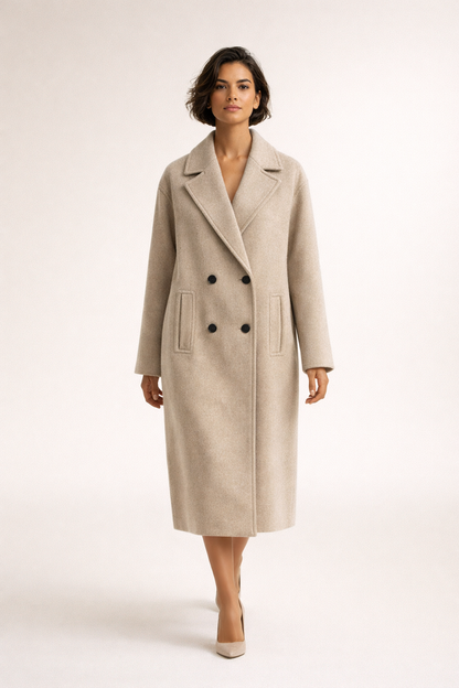 Elegant lang frakke med klassisk snit og stilren silhuet