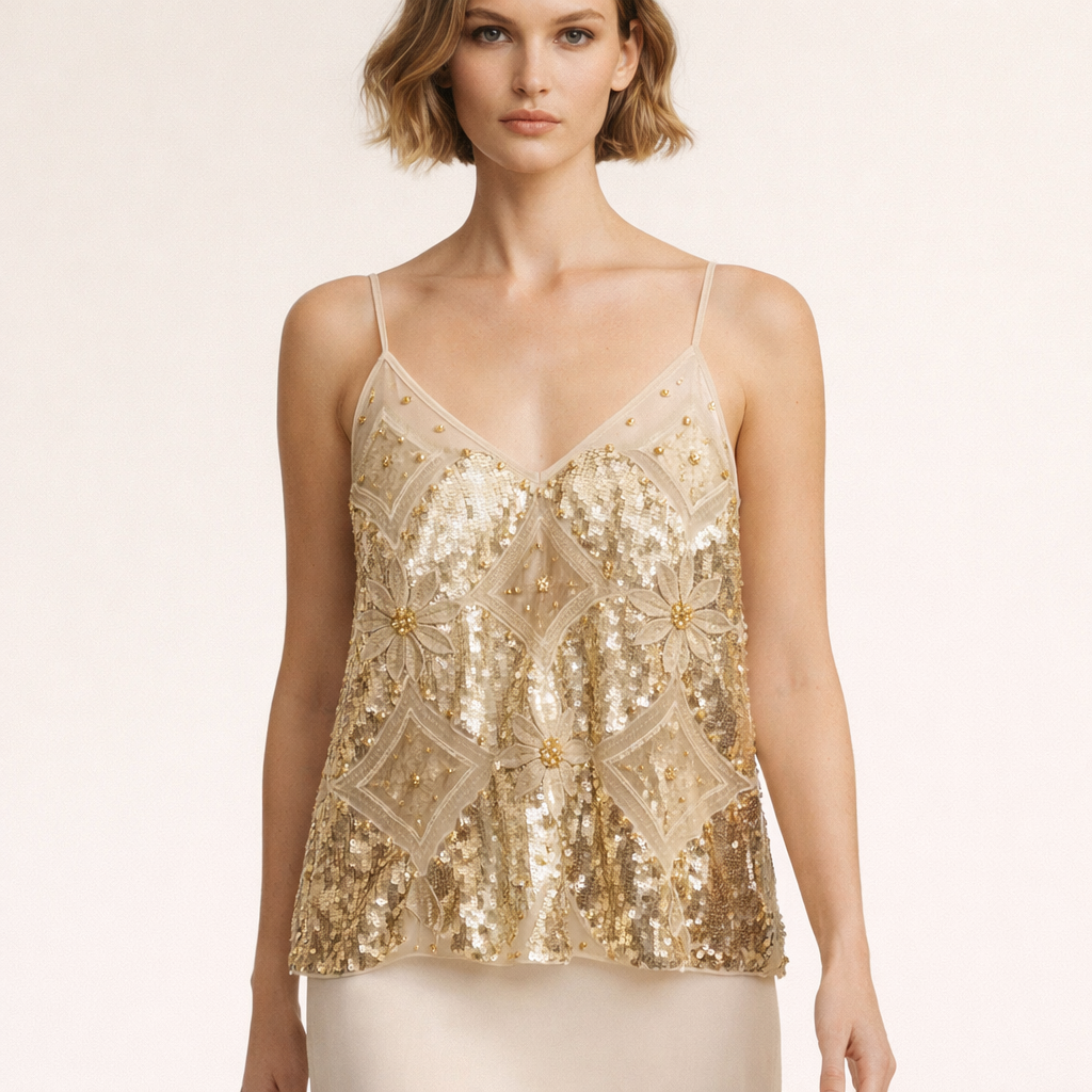 Tanktop til Kvinder | Paillet- og Perledetaljer | Let Mesh | Elegant Snit