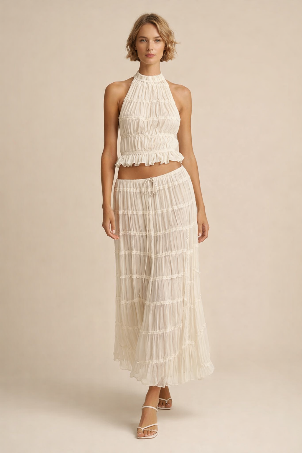 Sommersæt til kvinder | Rygløs slyngetop med snørelukning og plisseret maxinederdel