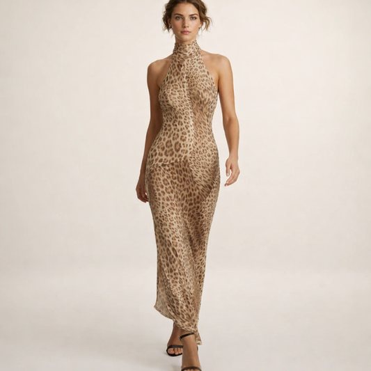 Elegant leopard halterneck maxikjole | Figursyet og rygløs design