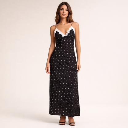 Elegant kjole med V-hals | Blonde med polkadotter og maxi-længde
