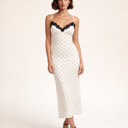 Elegant kjole med V-hals | Blonde med polkadotter og maxi-længde