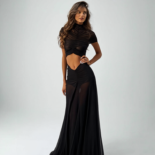 Lang aftenkjole til kvinder | Meshdetaljer og udskæringer | Figursyet maxi med høj hals