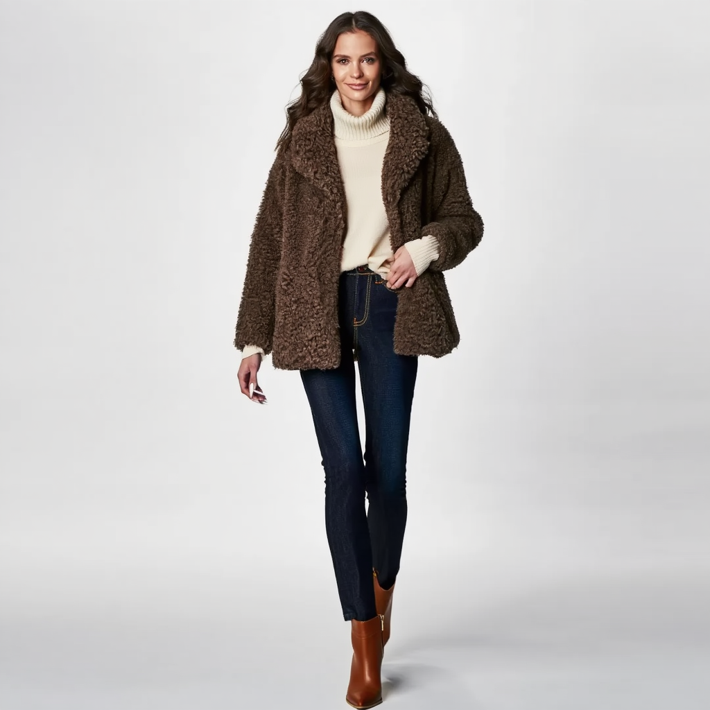 Kort teddyjakke til kvinder | Blød imitert pels | Løs pasform og klassisk revers