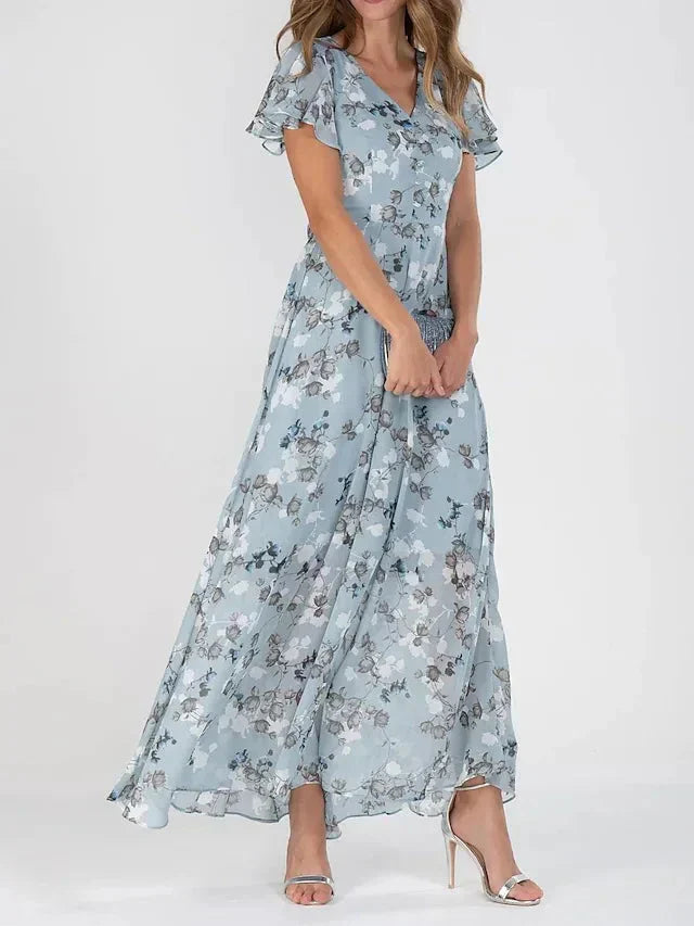 Maxi kjole med blomsterprint – V-hals | Flæseærmer | Let, transparent fald | Elegant A-line silhuet