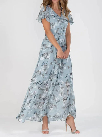 Maxi kjole med blomsterprint – V-hals | Flæseærmer | Let, transparent fald | Elegant A-line silhuet