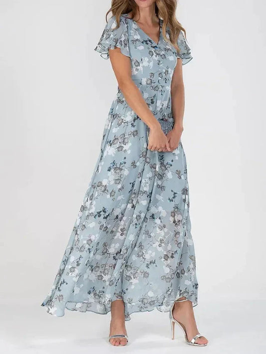 Maxi kjole med blomsterprint – V-hals | Flæseærmer | Let, transparent fald | Elegant A-line silhuet