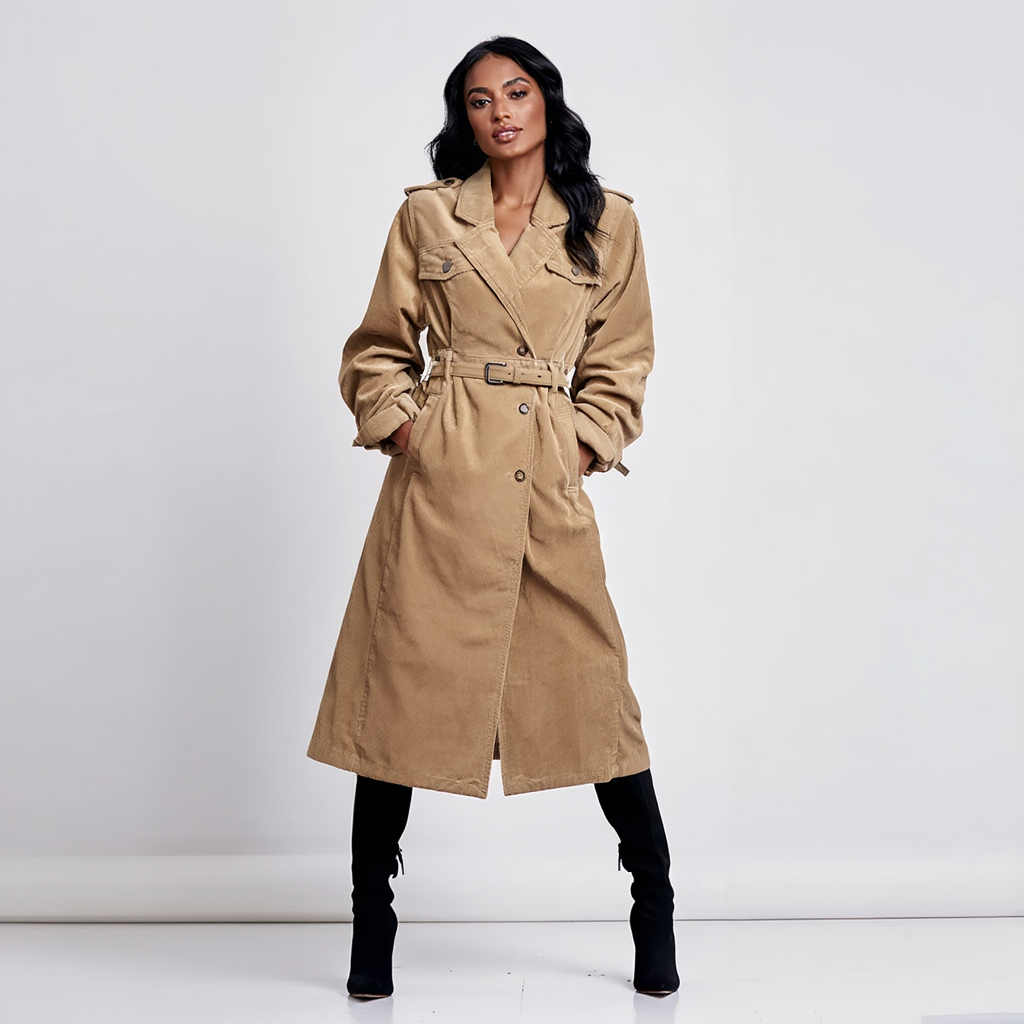 Lang fløjlskjole/jakke til kvinder | Skræddersyet pasform | Bælte og reverskrave