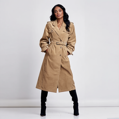 Lang fløjlskjole/jakke til kvinder | Skræddersyet pasform | Bælte og reverskrave