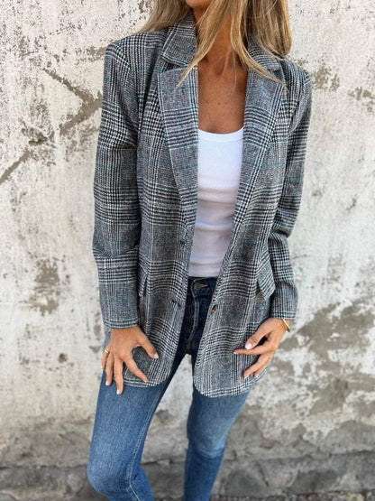 Dame blazer | Klassisk ternet blazer i vævet kvalitet med regular fit