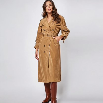 Lang fløjlskjole/jakke til kvinder | Skræddersyet pasform | Bælte og reverskrave