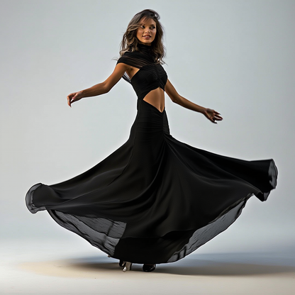 Lang aftenkjole til kvinder | Meshdetaljer og udskæringer | Figursyet maxi med høj hals