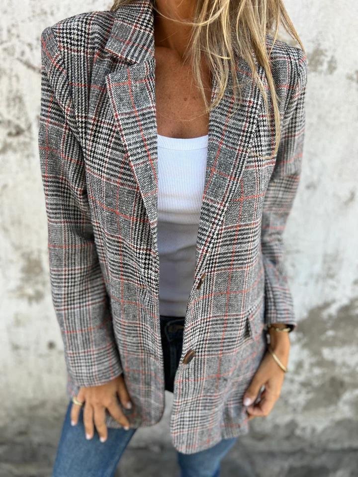 Dame blazer | Klassisk ternet blazer i vævet kvalitet med regular fit