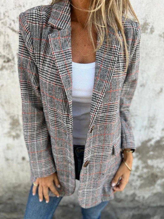 Dame blazer | Klassisk ternet blazer i vævet kvalitet med regular fit