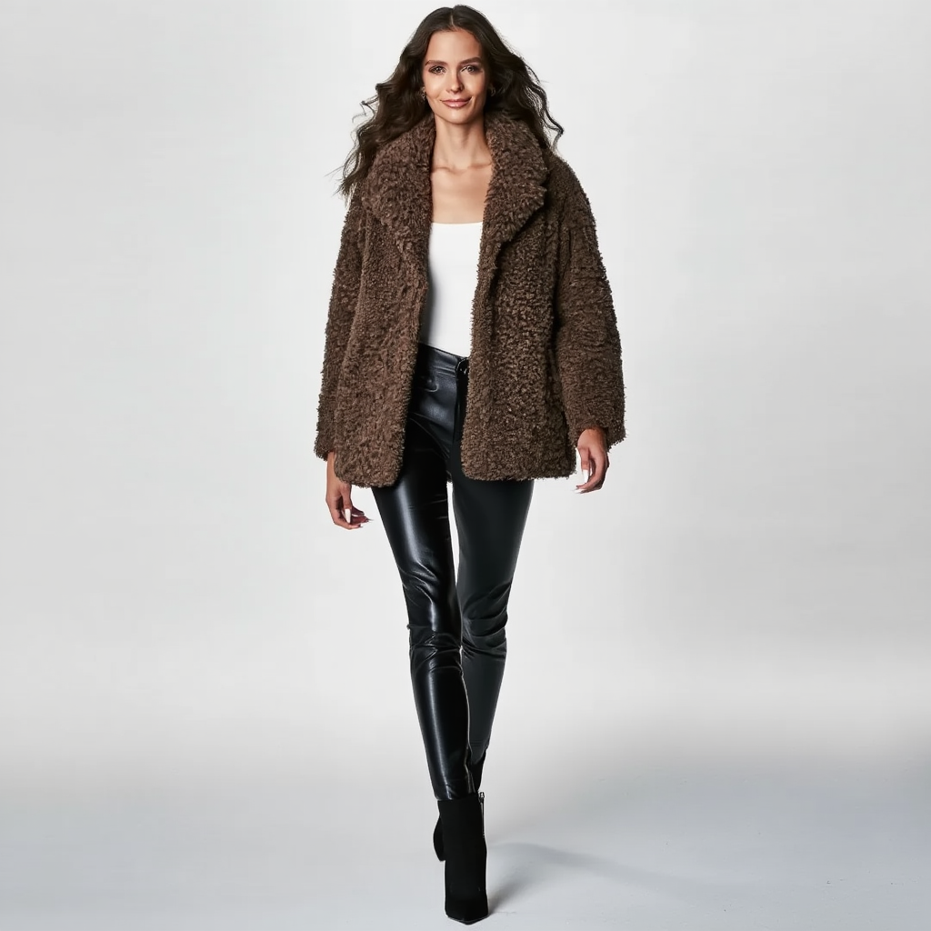 Kort teddyjakke til kvinder | Blød imitert pels | Løs pasform og klassisk revers