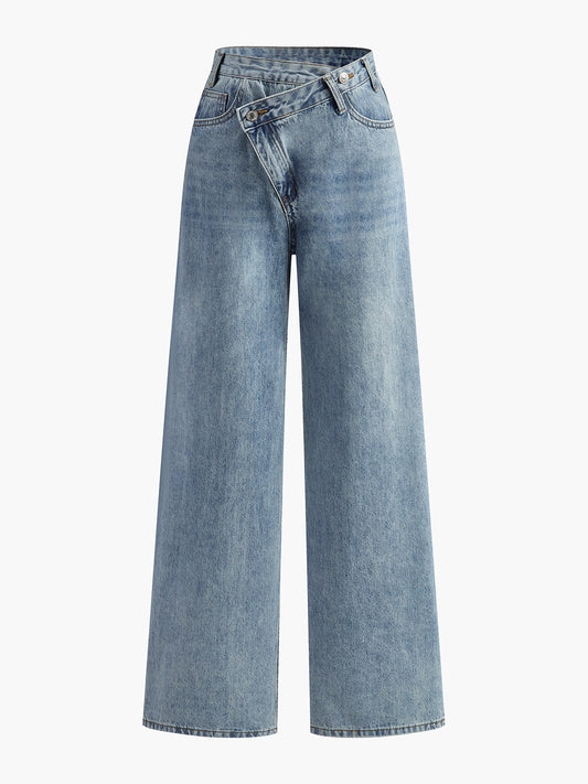 Kvinders jeans med asymmetrisk talje | Vide ben | Moderne design i lys denim