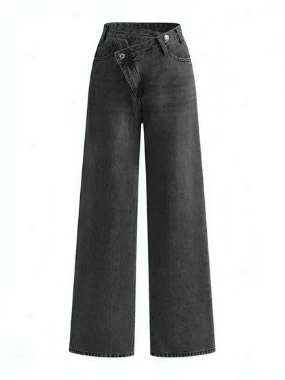 Kvinders jeans med asymmetrisk talje | Vide ben | Moderne design i lys denim