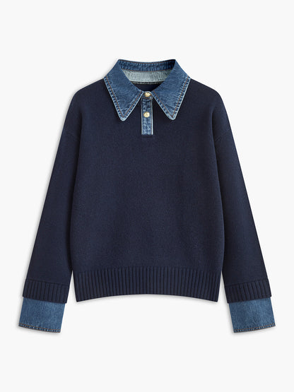 Dame striksweater med revers og 2-i-1 paneldesign | Blød og elegant pasform