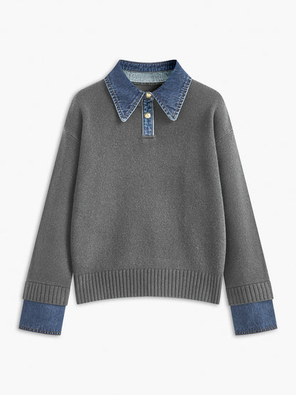 Dame striksweater med revers og 2-i-1 paneldesign | Blød og elegant pasform