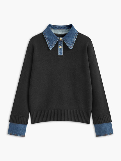 Dame striksweater med revers og 2-i-1 paneldesign | Blød og elegant pasform