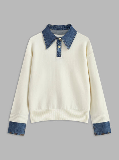 Dame striksweater med revers og 2-i-1 paneldesign | Blød og elegant pasform