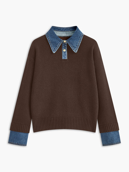 Dame striksweater med revers og 2-i-1 paneldesign | Blød og elegant pasform