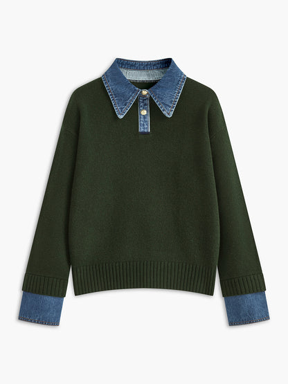 Dame striksweater med revers og 2-i-1 paneldesign | Blød og elegant pasform