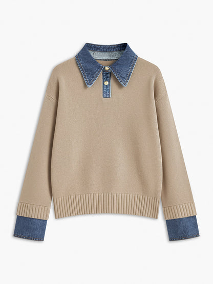 Dame striksweater med revers og 2-i-1 paneldesign | Blød og elegant pasform