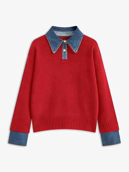 Dame striksweater med revers og 2-i-1 paneldesign | Blød og elegant pasform