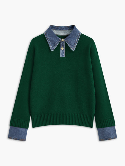 Dame striksweater med revers og 2-i-1 paneldesign | Blød og elegant pasform