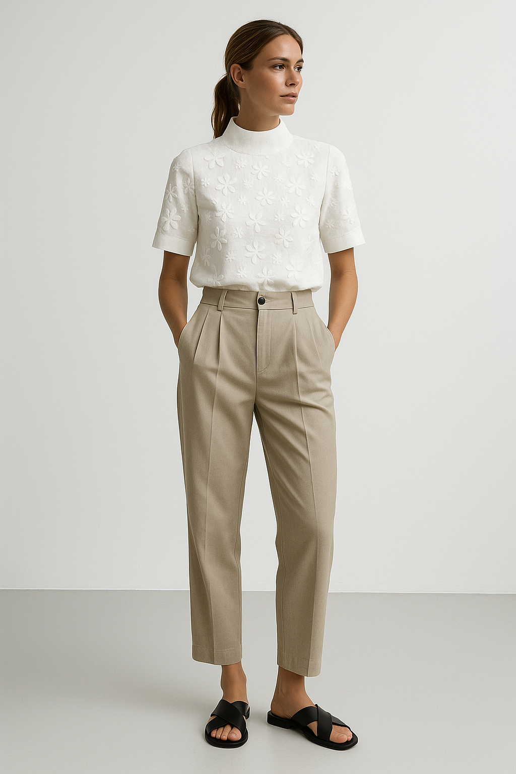 Elegant Damebluse med Broderi | Kortærmet Bluse med Ståkrave | Let og Feminin til Hverdag og Kontor