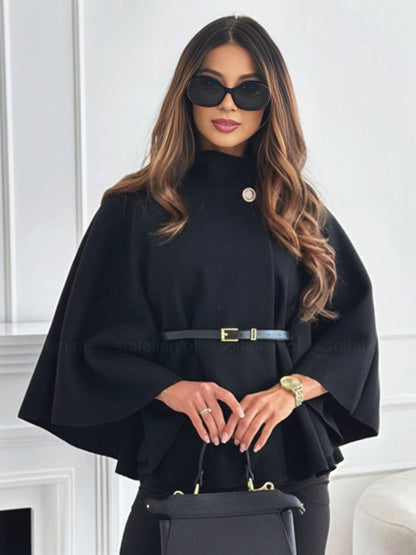 Elegant kort ponchojakke med bælte og flagermusærmer til kvinder